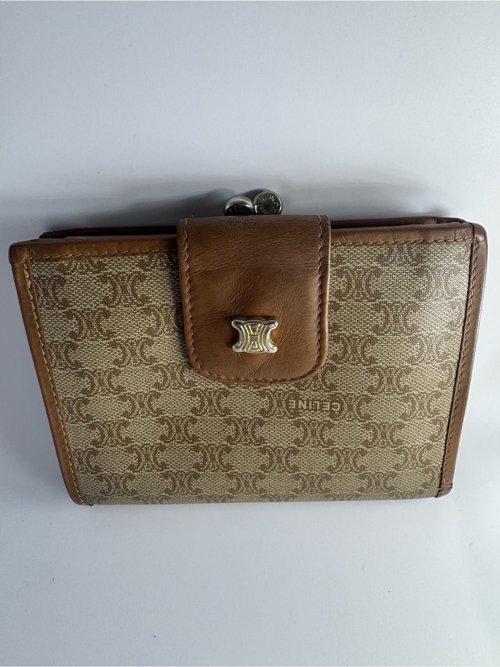 Celine Kiss-lock Wallet Macadam Triomphe Brown Leather Authentic Vintage